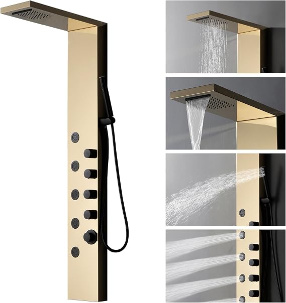 BWE Rainfall Waterfall Shower Panel Tower System Stainless Steel Bathroom Shower Panel with 5 Massage Body Jets Sprays and Handheld Shower,Polished Gold and Black