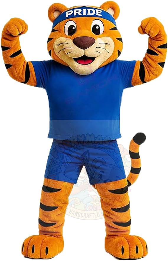 Premium Pride Tiger With Sports Team Mascot Costume in Blue Jersey Party School Spirit Costumes & Cool Fan