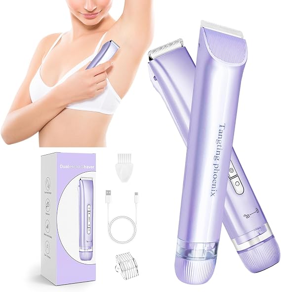 2-in-1 Electric Razor for Women Painless Bikini Trimmer & Body Shaver, Waterproof, Ceramic Blades, USB-C Charging (Lavender)