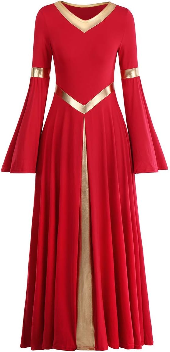 Women Metallic V Neck Praise Dance Dress Liturgical Worship Costume Bi Color Bell Long Sleeve Church Robe Praisewear