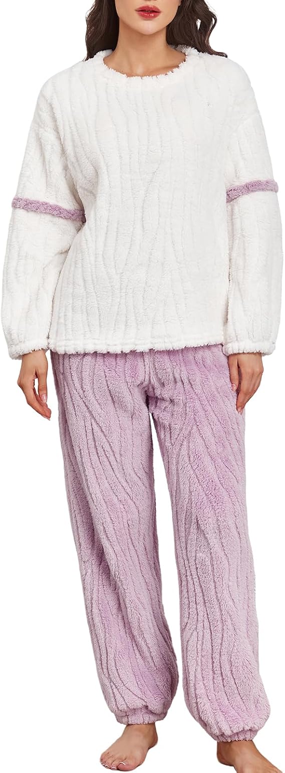 Women's Fleece Pajamas Set Flannel Winter Warm Fuzzy Sherpa Pjs Long Sleeve Cozy Sleepwear for Women