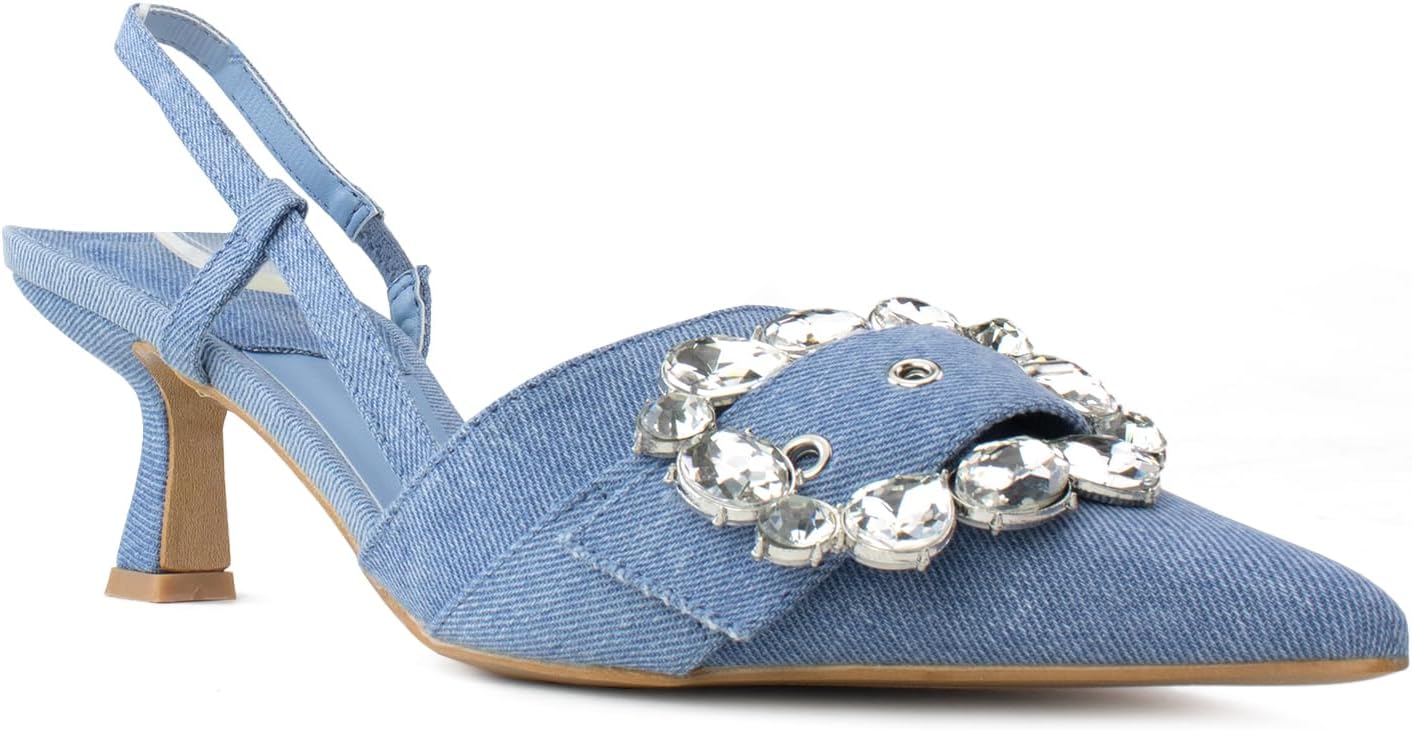 RF ROOM OF FASHION Women's Pointed Toe Slingback Mule Kitten Heel Pumps, Buckle Crystal Jeweled Design, Mary Jane Style