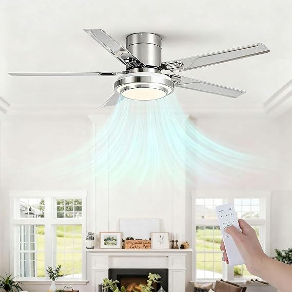 Modern Ceiling Fan with Light and Remote Control, 48" Stainless Steel 5-Blade Ceiling Fan 6 Speed 3 Color Reversible Flush Mount Low Profile Ceiling Fans for Bedroom Kitchen Living Room [Energy Class A]