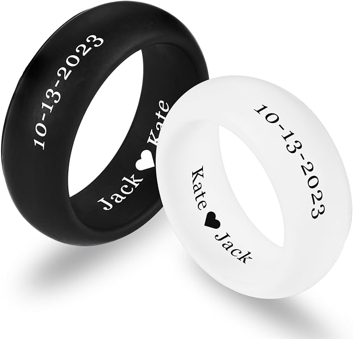 INBLUE Personalized Matching Silicone Rings for Couples His and Hers Wedding Ring Sets Custom Engraved Text/Symbol Wedding Band Promise Rings Gift for Husband Wife