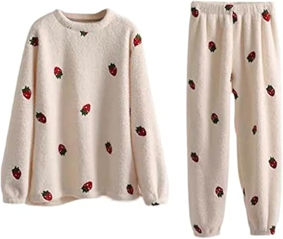 RICHTRUE Kawaii Strawberry Sleepwear Fuzzy Sets Pajamas for Women Loungewear for Women Kawaii Loungewear