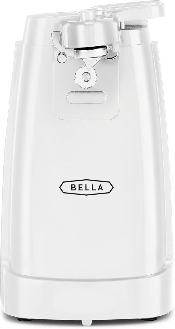 bella Electric Can Opener and Knife Sharpener, Removable Cutting Lever, Cord Storage, Stainless Steel Blade, White