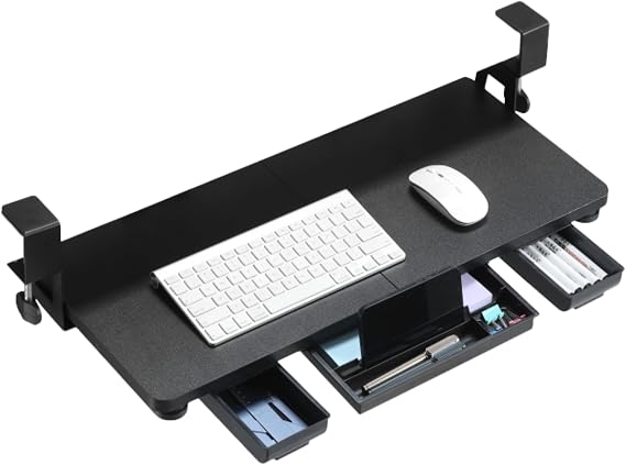 Keyboard Tray Under Desk with Drawer, 26.96" X 11.8" Keyboard Tray with C Clamp On Mount, Easy Installation, Height Adjustable for Home Office