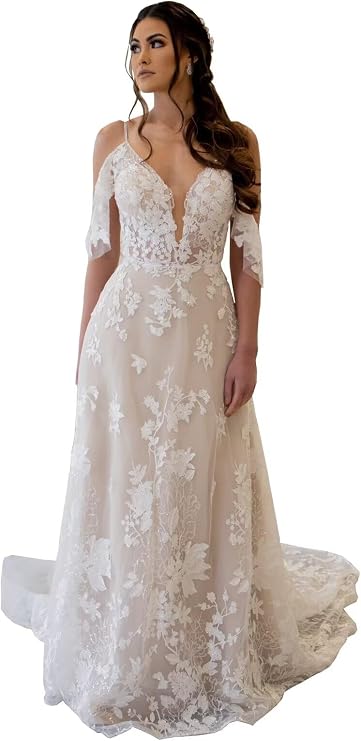 Off Shoulder V Neck Tulle Wedding Dress for Women Spaghetti Straps Lace Appliques Ball Gowns SF027