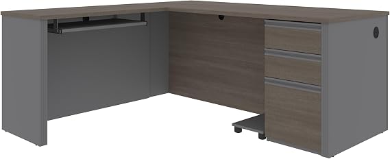 Bestar Prestige + 72W L-Shaped Desk with Pedestal in bark Grey & Slate
