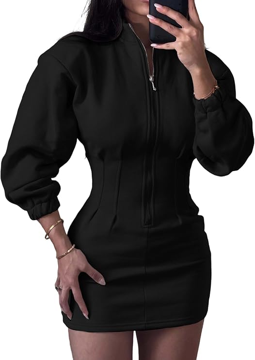 DINGANG Womens Sweatshirt Dress Long Sleeve Half Zip Pullover Bodycon Tunic Mini Dress