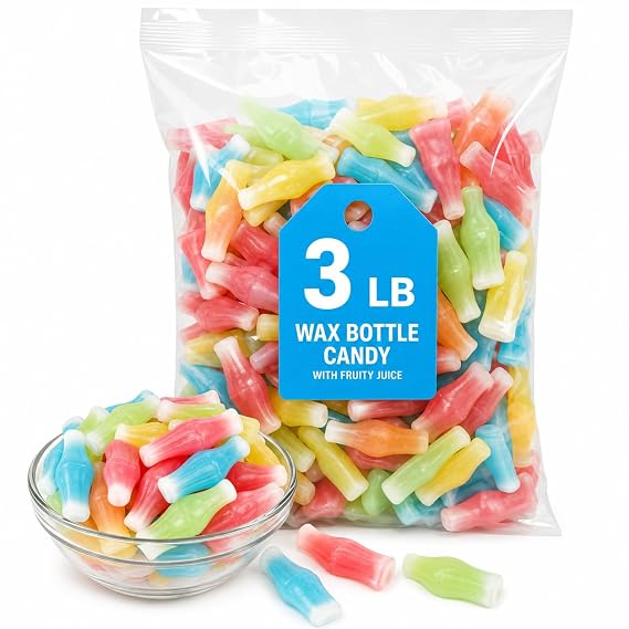 Wax Bottle Candy with Fruity Juice, 3 lb Bulk Bag, Nostalgic Sweet Treat