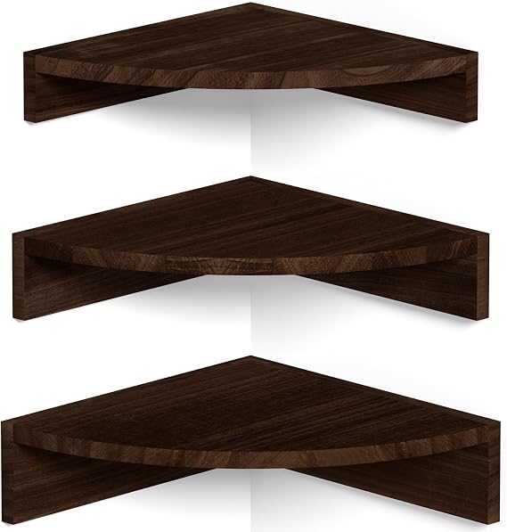 Alsonerbay Wood Corner Shelves Wall Mount 3-Pack, Dark Brown