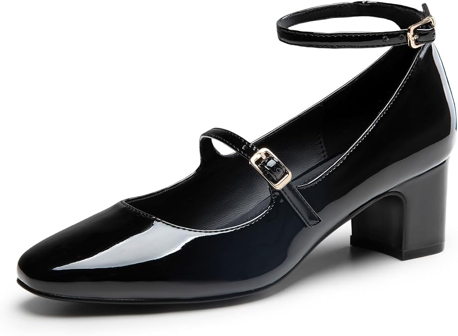 Trary Mary Jane Shoes Women Chunky Block Heels Mary Janes Dress Shoes for Women Close Cap Toe 2.2 Inch Women's Pumps Shoes with Buckle Double Strap Comfy Pumps for Office Party Casual Wedding
