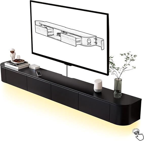 Floating TV Unit, Mounted TV Stand with Flip-Down Doors & Side door, Storage TV Bench Under TV for Bedroom Livingroom (Black+LED, 180CM)