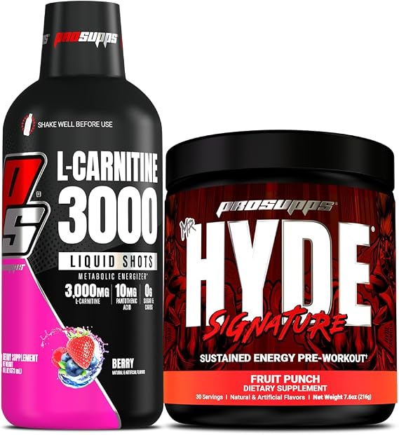 ProSupps L-Carnitine 3000 Liquid Shots & Mr. Hyde Pre-Workout Powder Bundle | Stimulant Free Liquid Shots (Berry) & Pre-Workout Energy Powdered Drink (Fruit Punch)