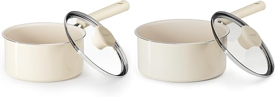 Redchef Ceramic Nonstick Saucepan with Lid, Small Cooking Pot, Non Toxic Sauce Pans for Kitchen, Cool Handle PFAS Free Compatible with All Cooktops, (White 1.5+3QT)