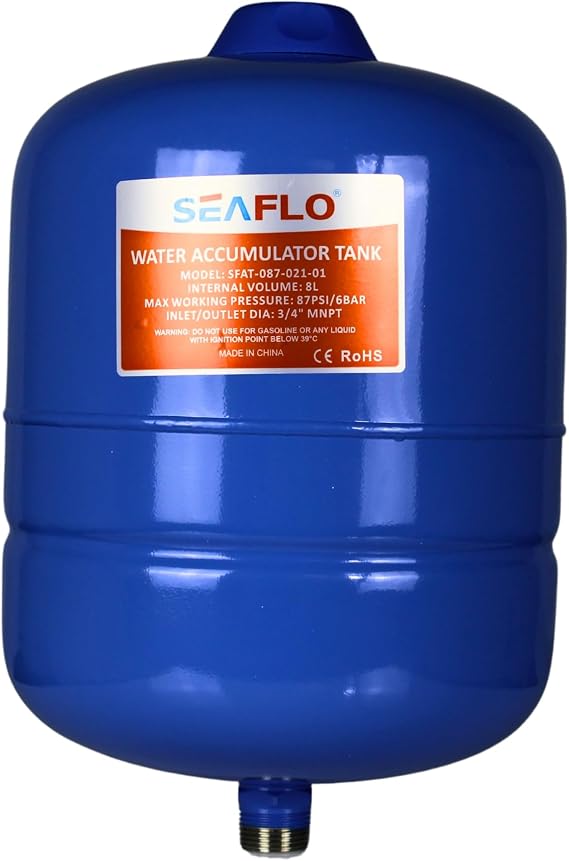SEAFLO 2 Gallon Pre-Pressurized Accumulator Expansion Tank Reduces Pump Cycling, Smooth Water Flow, 87 PSI, 3/4" MNPT, Compact Design for RV, Marine, Boat & Off-Grid Systems