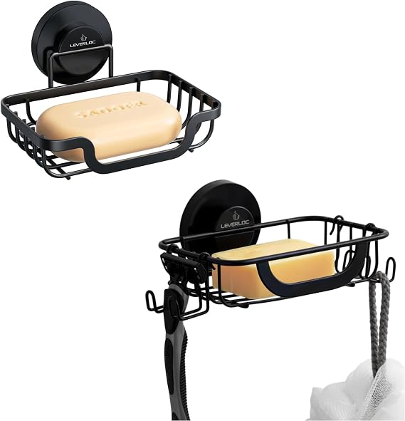 LEVERLOC Soap Holder Dish for Shower with Hooks, Bar Suction Soap Tray Wall Mounted, Rustproof Stainless Steel Sponge Caddy for Bathroom Bathtub Kitchen Sink, 2 Pack Black