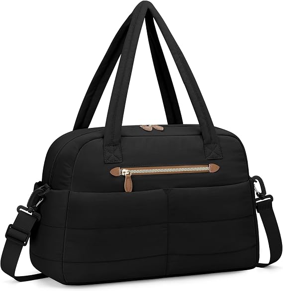 Pritent Puffer Travel Duffle Bag Waterproof Carry On Duffel Weekender Bag | with Laptop Compartment,Overnight Bags for Women,Large Hospital Tote Bags for Labor and Delivery,Travel,Gym(L-Black)