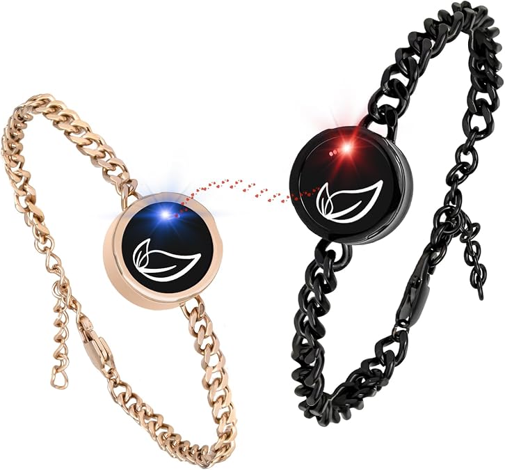 Long Distance Touch Bracelets, Light up Remote Smart Matching Couples Bracelet for Couple Long Distance Relationship Girlfriend Boyfriend Xmas Valentine's Day Festival Gifts Black Gold Jewelry Set