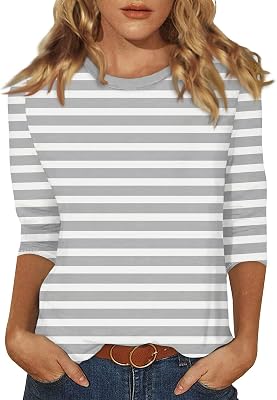 34 Length Sleeve Womens Tops Casual Striped Tshirts Round Neck Cute Tunic Basic Tees Blouse Loose Fit Pullover