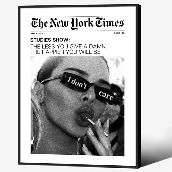 Vintage Black and White Newspaper Wall Art Trendy The New York Times Poster 12x16 inch Black Framed Funky I Don't Care Posters Room Aesthetic Canvas Prints