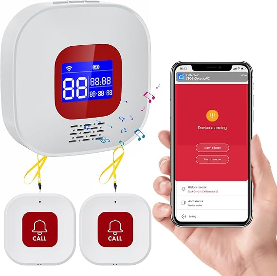 Personal Alarms for Elderly, WiFi Smart Panic Alarm, Wireless Caregiver Pager Elderly Monitor, 1 Receiver and 2 Call Button, Compatible with Tuya/Smart Life APP (Only Supports WiFi 2.4GHz )