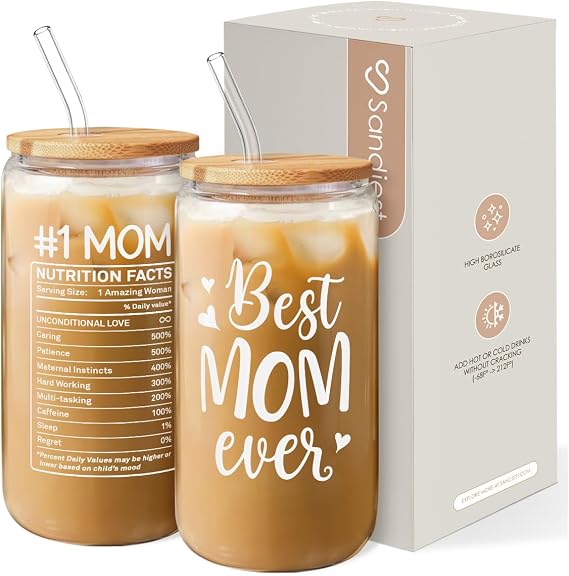 SANDJEST Gifts for Mom from Daughter Son - Mom 16 Oz Can Glass Coffee Cup with Bamboo Lid & Straw - Mothers Gift for Women on Birthday Mothers Day Valentines