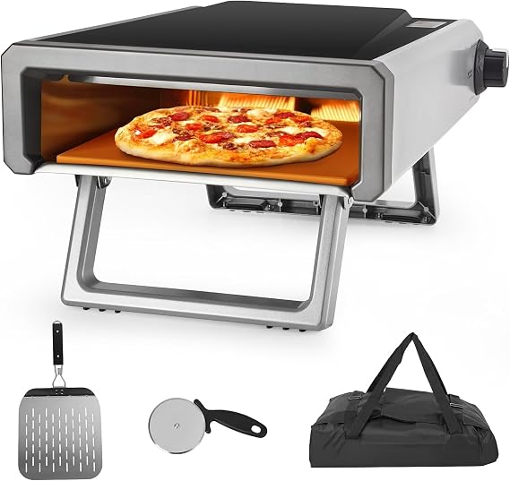 Pizza Oven, 12" Pizza Oven Outdoor, Portable Gas Baked Pizzas Ovens for Outside, Camping, Pizza Stone, Waterproof Cover Ideal for Backyard Outdoor Kitchen Cooking