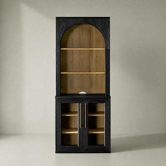 mopio Blake Storage Cabinet with Hutch, Sideboard Buffet Cabinet with Storage, Kitchen Pantry Organizer, Coffee Bar Station, Trophy Display Case with Door & Shelf for Living Room (Black Oak Acrylic)