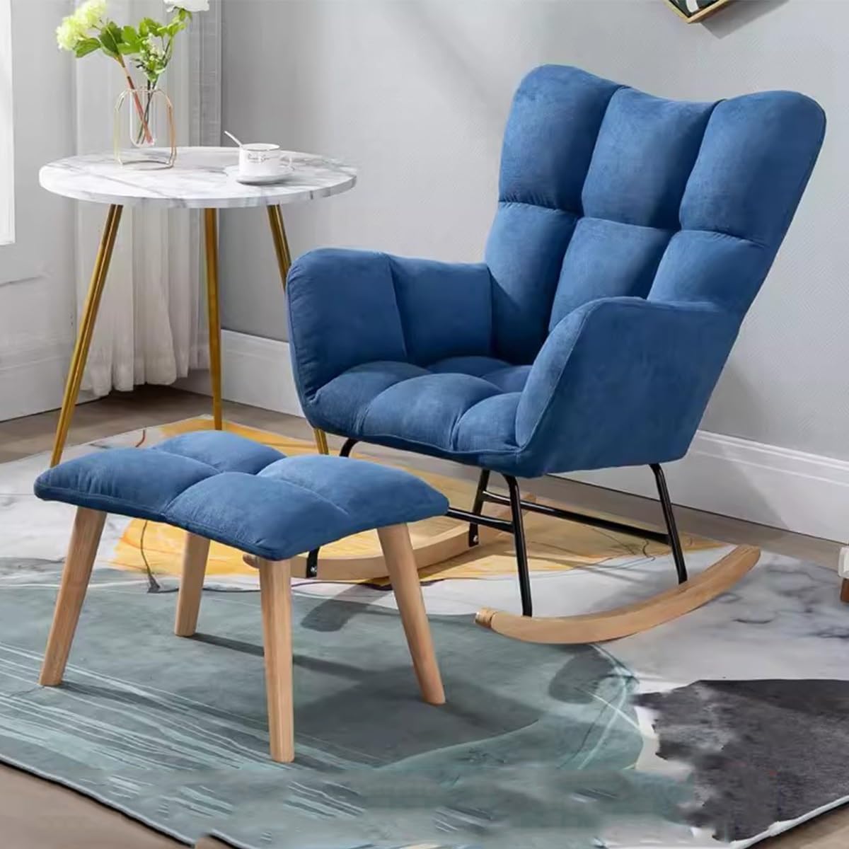 Modern Rocking Chair Rocker Glider Chair with Ottoman for Nursery, Indoor Upholstered Accent Chair, Fabric Padded Seat, Armchair Comfortable Side Chair Color: Blue