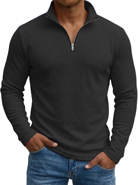 Mens Quarter Zip Ribbed Pullover Sweater Long Sleeve Lightweight Knit Top Casual Stand Collar Jumper for