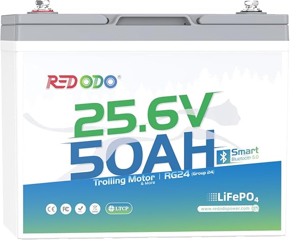 Redodo 24V 50Ah Group24 Bluetooth LiFePO4 Deep Cycle Battery for RV