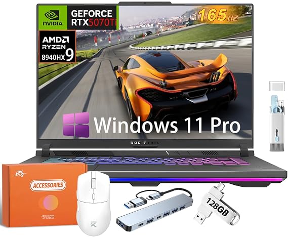 ASUS ROG Strix G16 Gaming Laptop, AMD Ryzen 9 8940HX (Up to 5.3 GHz), GeForce RTX 5070Ti 12GB GDDR7, 16" WUXGA 165Hz Display, 64 GB DDR5 RAM, 4 TB SSD, Backlit KB, Windows 11 Pro, w/Accessories