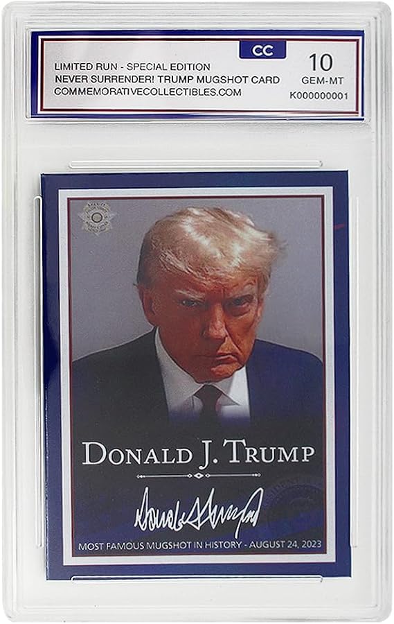 Trump Mugshot Collector Trading Card Graded Gem Mint 10 - Trump Collectibles Trump Gifts Trump 2025 Perfect Patriotic & Political Donald Trump Gifts for Trump Supporters (Trump Stare)