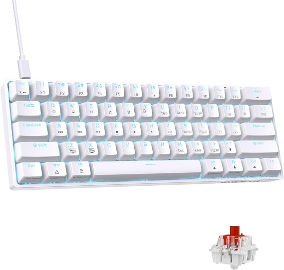 DIERYA Gaming Keyboard with Red Switch, Mini Mechanical Keyboard, 60% Layout, 61 Keys, English Layout, Wired Keyboard, Detachable USB C Power Cable, for Windows Laptops and PC Gamers White