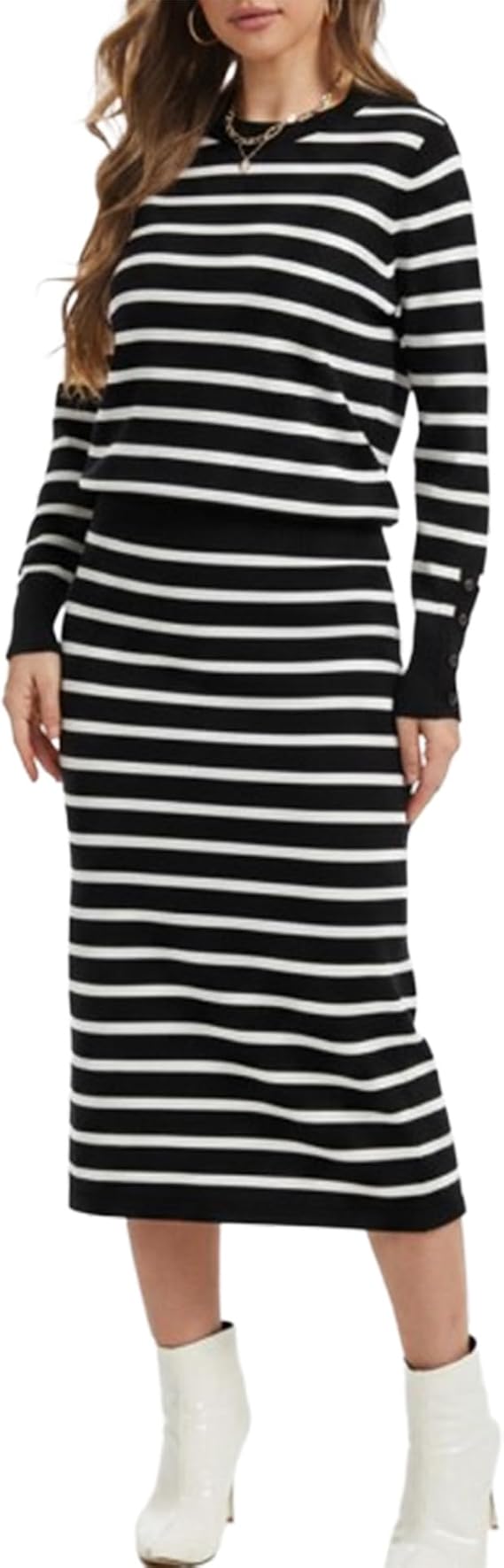 Women's 2 Piece Skirt Sets Striped Long Sleeve Sweater and Skirt Fall Sweater Dress Knit Lounge Travel Outfits