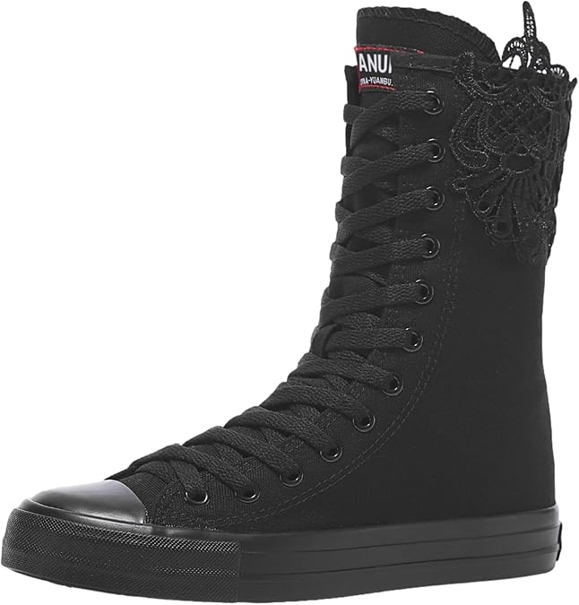 ANUFER Womens Girls Classic Mid-Calf Lace Up Zipper Canvas Boots Casual High Top Canvas Sneakers