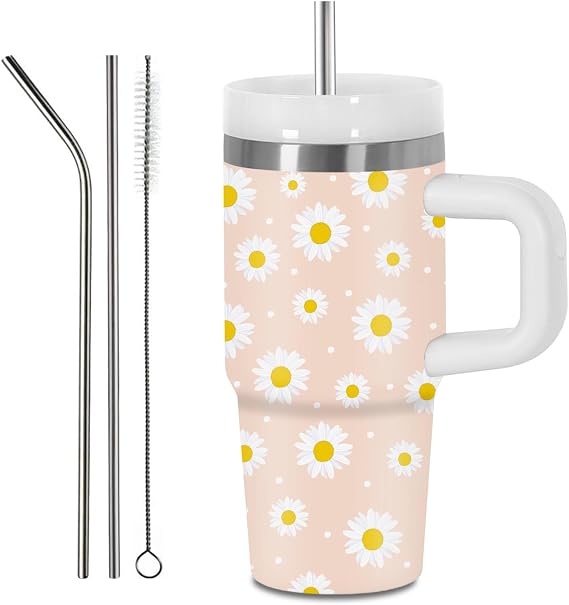 Hiboss Daisy Gifts for Girls Women, Cute Daisys Tumbler with Handle for Kids 14oz, Daisy Lovers Gifts for Girl, Insulated Stainless Steel Daisies Flower Cups, Floral Birthday Gift for Daughter