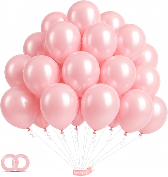 EMART Pink Balloons 12 Inch 100pcs, Latex Balloons for Party(with Ribbon)