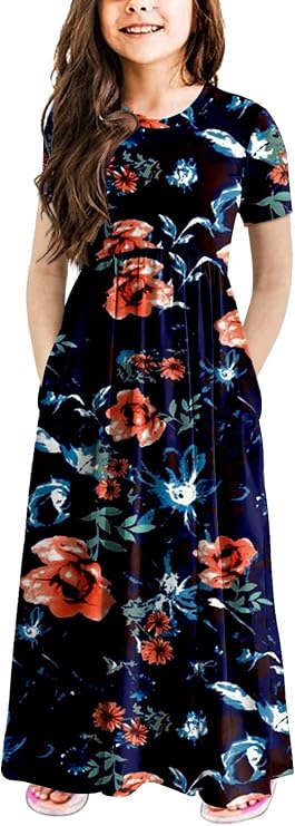 storeofbaby Girls Plain Floral Maxi Dress Floor Length with Pockets Casual
