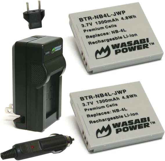 Wasabi Power Battery (2-Pack) and Charger for Canon NB-4L and Canon PowerShot SD40, SD400, SD450, SD600, SD630, SD750, SD780, SD960, SD970, SD1000, SD1100, SD1400, ELPH 100, 300, 310, 330, VIXIA mini