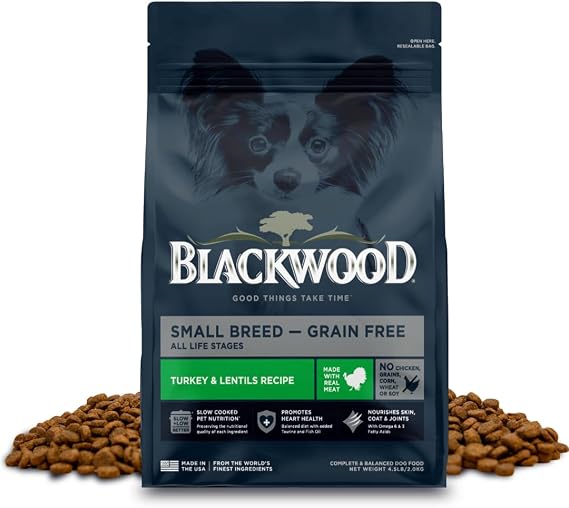 Blackwood Small Breed Grain Free Dry Dog Food, Turkey & Lentils, 4.5 lb | Taurine & Fish Oil for Heart Health, Omega 3 & 6 for Skin, Coat & Joints, Slow Cooked for Higher Nutrient Preservation
