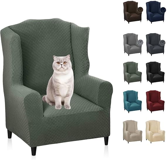 MAXIJIN Wingback Chair Covers 1-Piece Stretch Wing Chair Covers Soft Thick Wingback Armchair Slipcover Non-Slip High Back Chair Furniture Protector Washable (Wing Chair, Army Green)