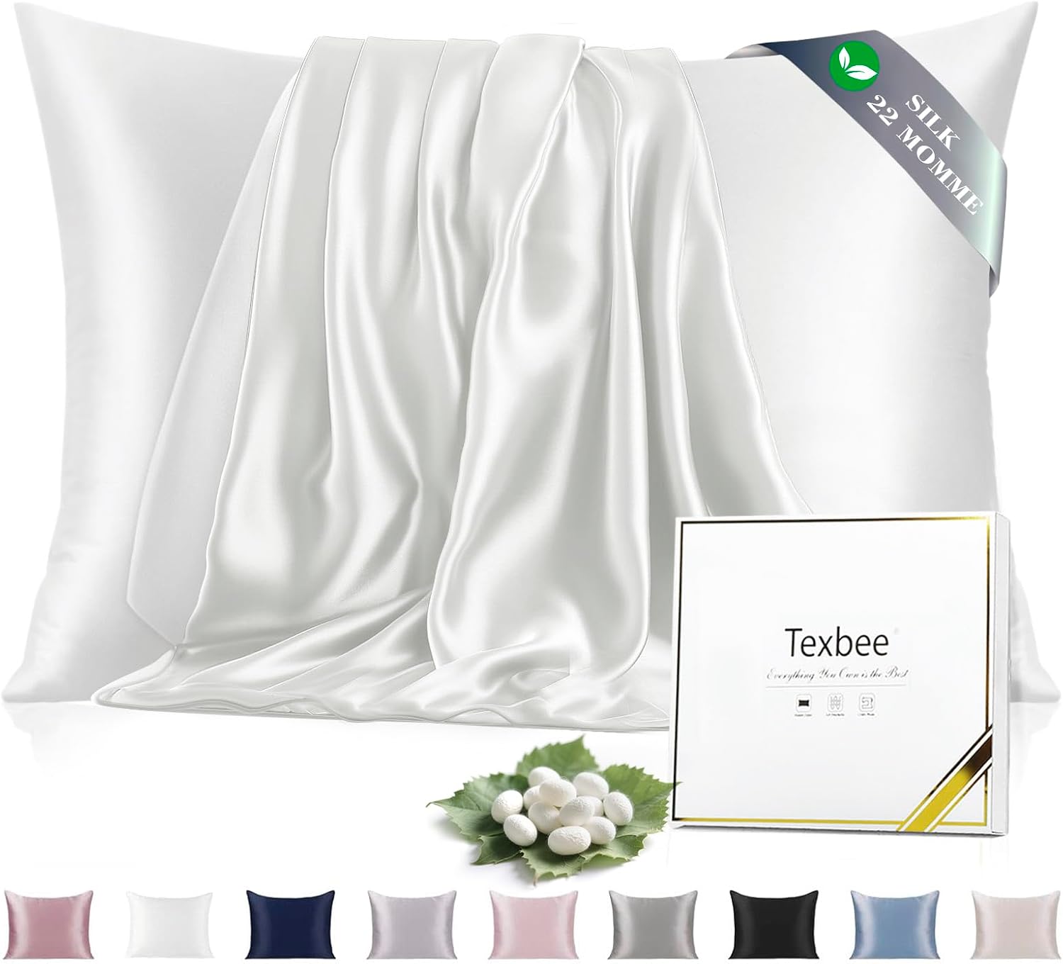 Texbee Silk Pillowcase, 22 Momme Mulberry Silk Pillowcases for Hair and Skin Health, Soft Smooth Breathable Cool Satin Pillow Case for Beauty Sleep, with Gift Box, 1pc 50x75 cm, Ivory White