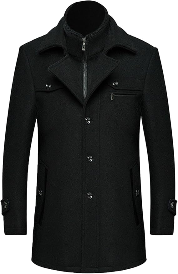 QWENTMTNTY Mens Full Zip Up Wool Pea Coats Winter Single Breasted Trench Coat Short Casual Business Slim Fit Peacoat Jackets