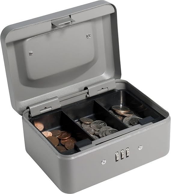 BARSKA 6 Inch Cash Box with Combination Lock Gray | 0.8mm steel walls with combination lock and 3-compartment tray for cash, coins and checks