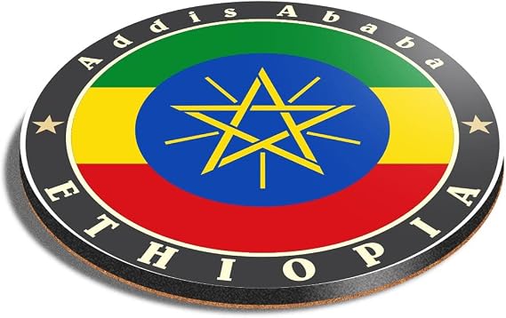 1 x Round Coaster - Ethiopia Addis Ababa Flag Travel Cork Backed MDF Glossy Tea Coffee Accessory #5193