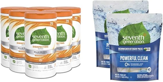 Seventh Generation Disinfecting Multi Surface Wipes, Botanical Disinfectant, 70 Count, Pack of 6 & Fragrance Free Dishwasher Detergent Pack, 45 Count, 2 Pack