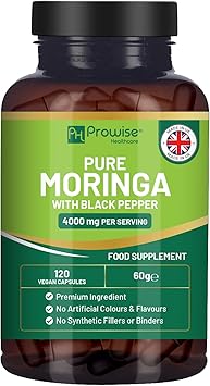 Pure Moringa Leaf 4000mg per Serving Added with Black Pepper 120 Vegan Capsules | Moringa Oleifera Leaf Supplement | 100% Natural - No Synthetic Binders or Fillers | Extract & Powder Combo by Prowise